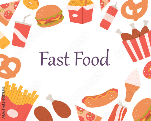 Fast food template frame and page design for menu design. Modern colored flat vector illustration with snacks, hamburger, fries, hot dog, pizza, coffee, sandwich, ice cream,beverage,nuggets,donuts. 