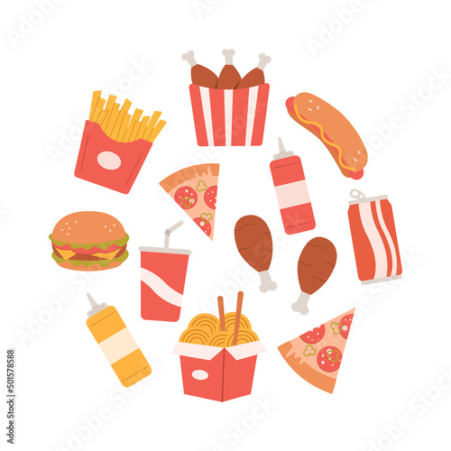 Fast food meal icon set. burger,beverage,pizza,french fries, fried crispy chicken leg, hotdog, soda, mustard, ketchup on isolated. Colored flat vector illustration.