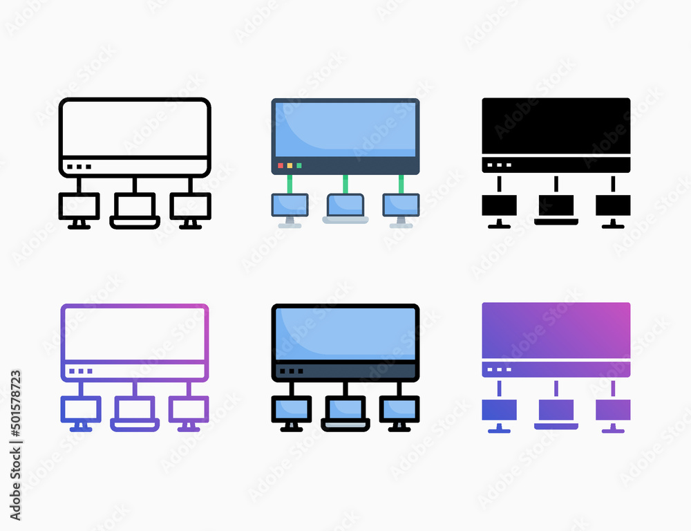 Network hub connection icon set with style line, outline, flat, glyph, color, gradient. Editable stroke and pixel perfect. Can be used for digital product, presentation, print design and more.