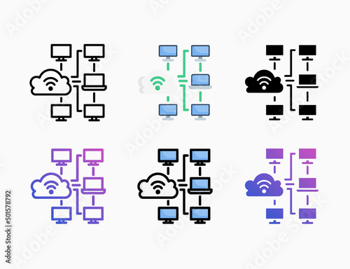 Network computer connection icon set with style line, outline, flat, glyph, color, gradient. Editable stroke and pixel perfect. Can be used for digital product, presentation, print design and more.