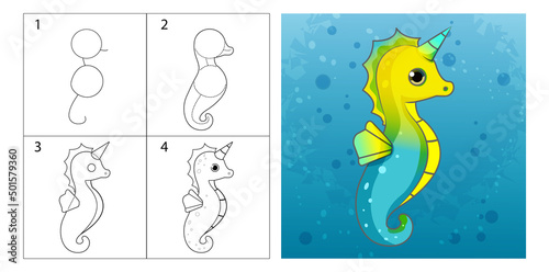 Unicorn is a seahorse. Step-by-step tutorial on how to draw a cute fairy-tale character yourself. Line art, coloring sheets.
