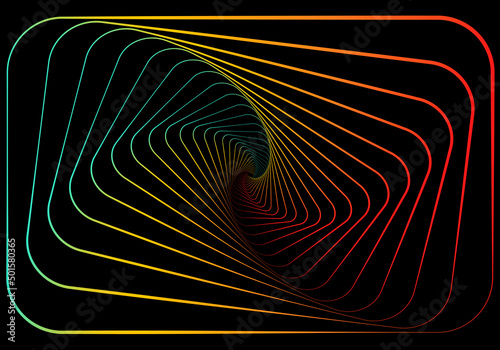 Fondo de rectángulos redondeados en espiral con degradado rojo, amarillo, verde y azul sobre fondo negro