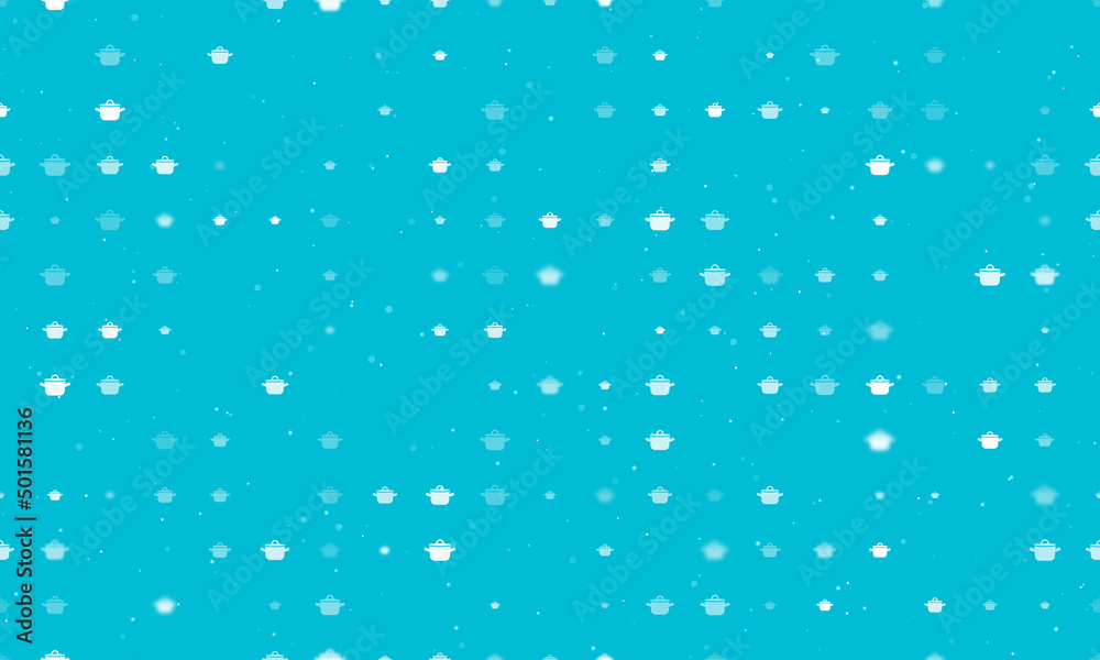 Seamless background pattern of evenly spaced white pot symbols of different sizes and opacity. Vector illustration on cyan background with stars Seamless background pattern of evenly spaced white pot symbols of different sizes and opacity. Vector illustration on cyan background with stars
