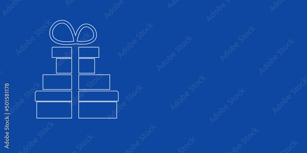A large white outline set of gifts on the left. Designed as thin white lines. Vector illustration on blue background