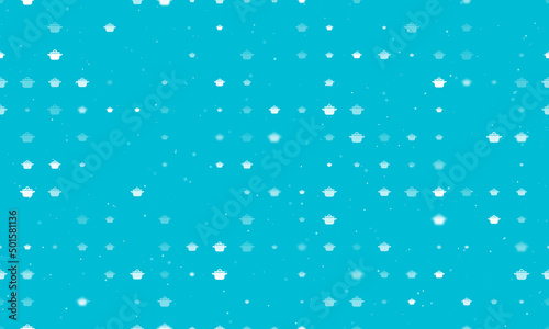 Seamless background pattern of evenly spaced white pot symbols of different sizes and opacity. Vector illustration on cyan background with stars