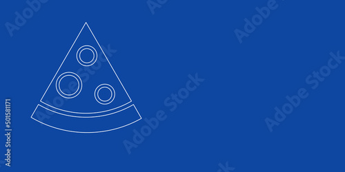 A large white outline slice of pizza on the left. Designed as thin white lines. Vector illustration on blue background