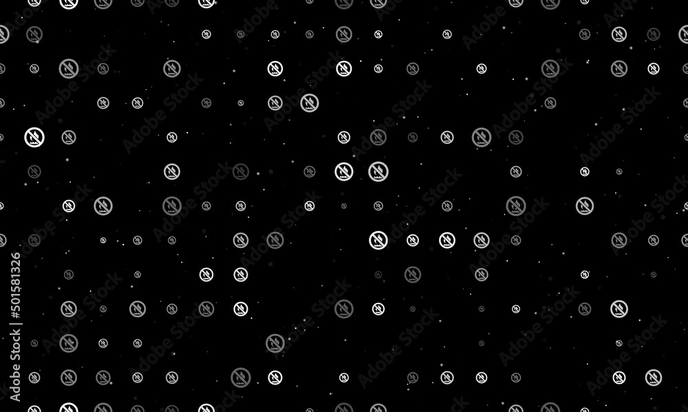 Seamless background pattern of evenly spaced white no gas symbols of different sizes and opacity. Vector illustration on black background with stars