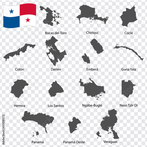 Fourteen Maps Provinces of Panama - alphabetical order with name. Every single map of Departments are listed and isolated with wordings and titles. Republic of Panama. EPS 10.