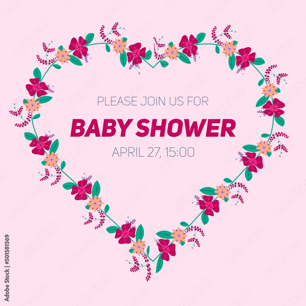 Tender invitation to baby shower with floral heart on a pink background