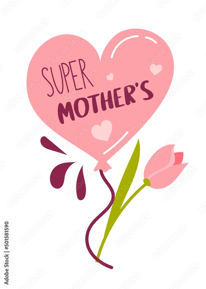 Happy Mothers Day Holiday banner sticker with Lettering Super Mom in flat style For Postcards and Posters Vector Illustration