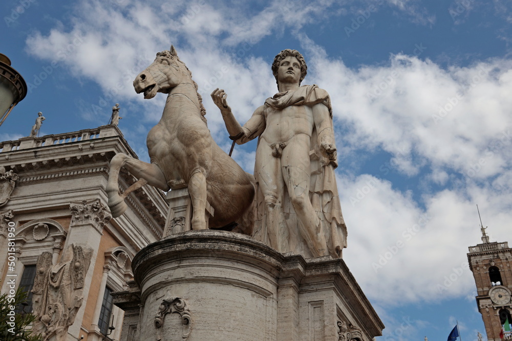 Statue at the entrance to Piazza del Campidoglio in Rome, Italy.