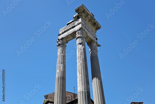 The three columns of the temple of Apollo Sosiano in Rome. it is a temple of ancient Rome which stood in the area indicated as in Circo Flaminio, near the theater of Marcellus.