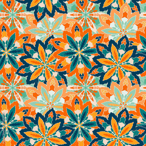 Colorful abstract floral texture, ornate seamless pattern in oriental style, raster version. Good for boho chic fashion print, wallpaper, surface decor and more