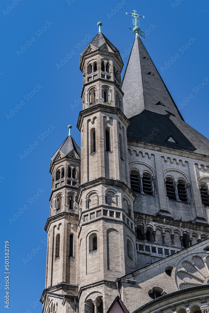 The Great Saint Martin Church (Gross Sankt Martin) foundations (circa 960 AD) rest on remnants of a Roman chapel. The church was later transformed into a Benedictine monastery. Cologne, Germany.