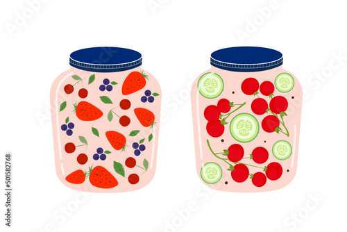 Homemade jars of preserving the fruit and vegetables. Set of glass jars with preserved vegetables, stewed fruits and berry jams. Autumn harvest season. Vector
