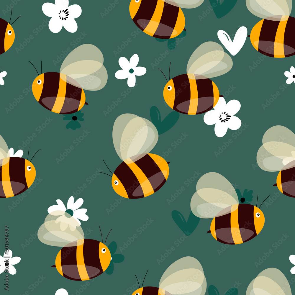 Seamless pattern with bees on floral background. Small wasp. Vector illustration. Adorable cartoon character. Template design for invitation, cards, textile, fabric. Doodle style