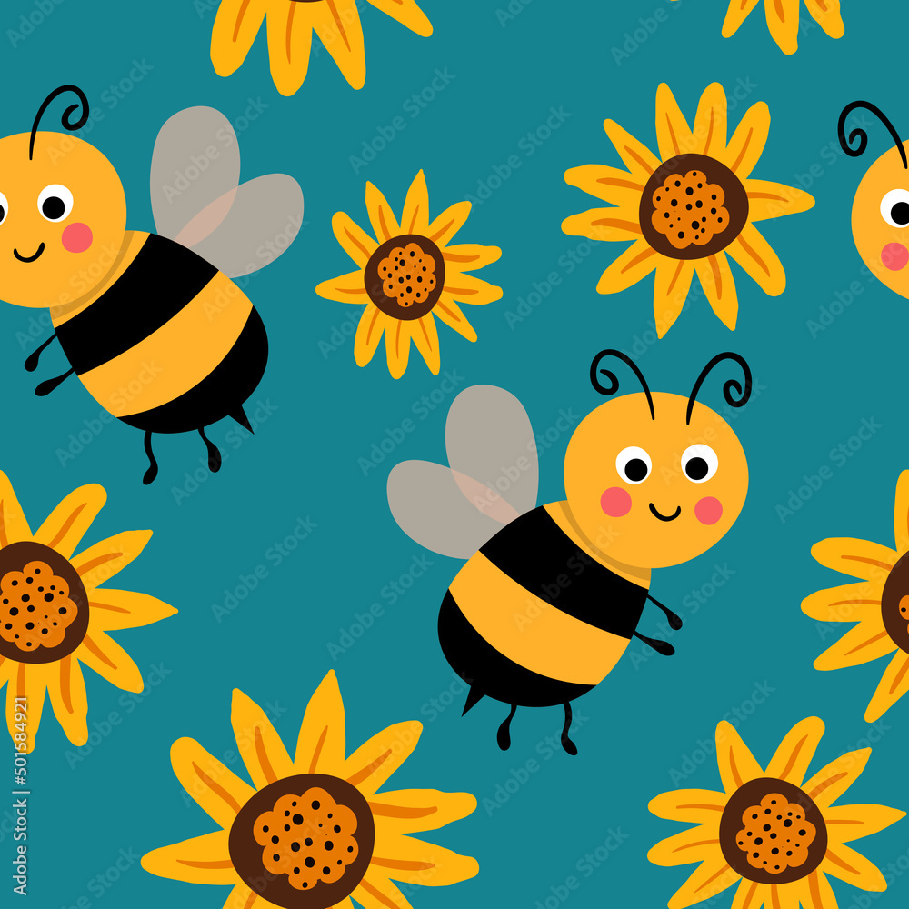 Seamless pattern with bees on floral background. Small wasp. Vector illustration. Adorable cartoon character. Design for invitation, cards, textile, fabric. Doodle style