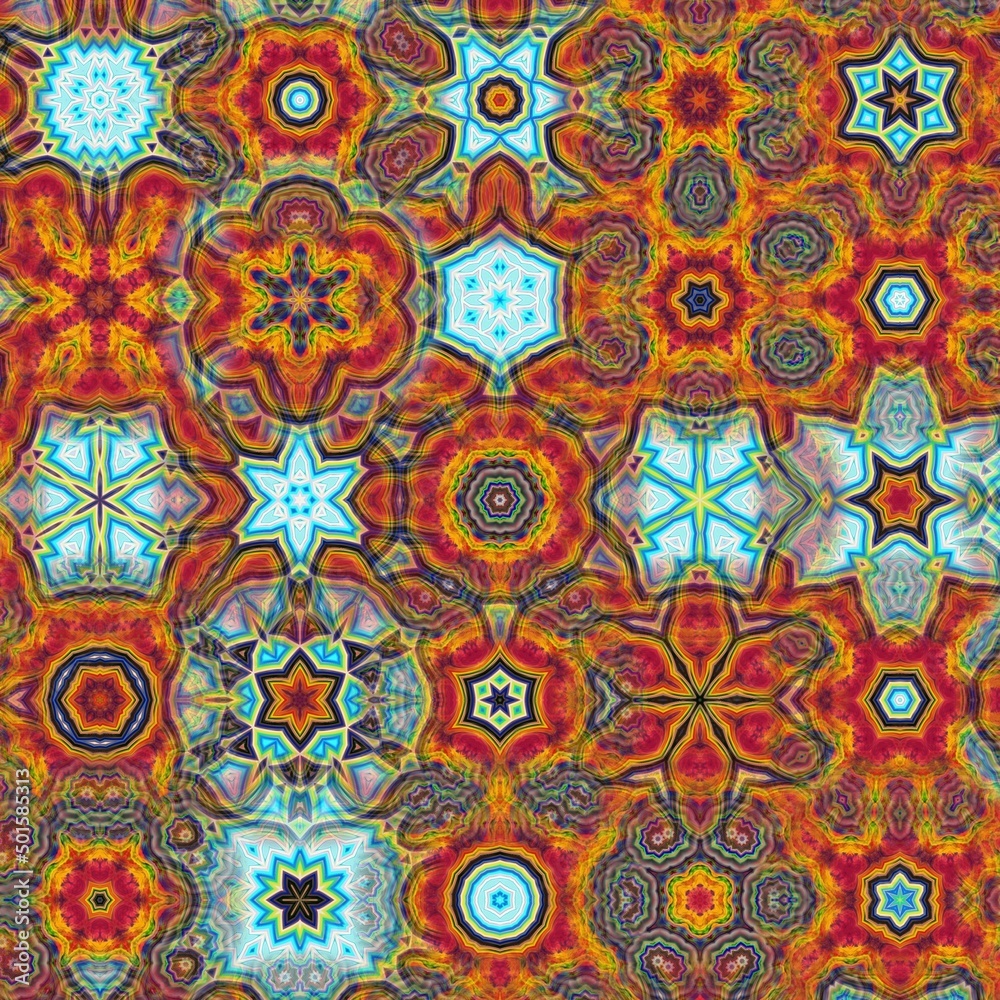 Wooden ornament with rainbow texture layer blooming kaleidoscope design concept and seamless pattern used for business, wallpaper, invitation, template, product decoration and etc.