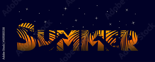A summer night in the tropics with a silhouette of a palm tree and a giraffe.