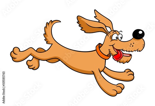 Red-haired cartoon dog joyfully runs for a walk. Cute happy dog running fast with tongue out. Small funny puppy jumping. Vector illustration isolated on white background. Joyful funny puppy rushes.