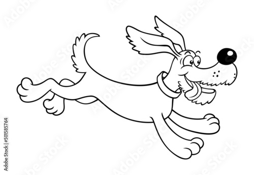 Cute happy dog running fast with tongue out. Small funny puppy jumping. Vector illustration isolated on white background. Joyful funny puppy rushes. Outline image of a happy cartoon dog.