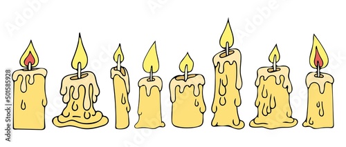 Set of candles doodle. Paraffin burning candle for cake and light. Festive decoration. Aromatherapy. Wick, flame, wax. Hand drawn vector illustration. Flat drawing.