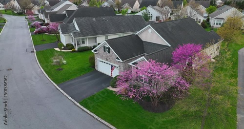 American flag at front of house in USA during spring season with landscape trees bushes in pretty colorful pink purple bloom. Aerial establishing shot of residential housing development in America. photo