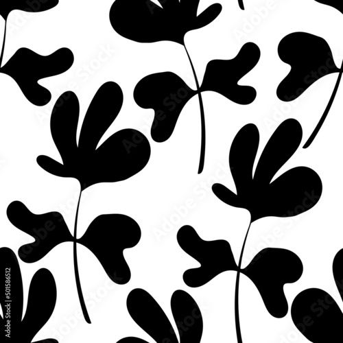 Seamless floral pattern based on traditional folk art ornaments. Black leaves on white background. Scandinavian style. Sweden nordic style. Monochrome vector illustration for textile  wallpaper