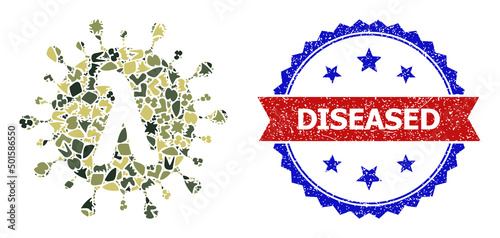 Military camouflage mosaic of Lambda covid virus icon, and bicolor unclean Diseased watermark. Vector watermark with Diseased text inside red ribbon and blue rosette, retro bicolored style.