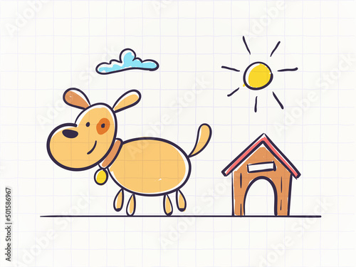 Cute dog drawn in children scribble drawing style vector illustration
