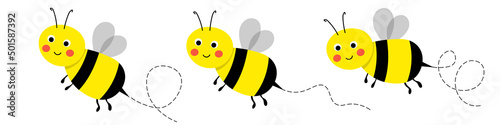 Set of cartoon bee mascot. A small bees flying on a dotted route. Wasp collection. Vector characters. Incest icon. Template design for invitation, cards. Doodle style
