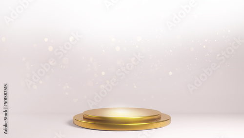 3D rendering of golden podium with pink background. Beatiful golden stage.Gold product display for product with bokeh.