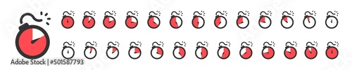 Time bomd icon set. Bomb stopwatch illustration. Timer ticking sign in vector flat