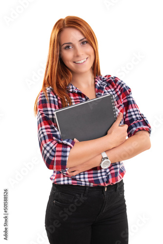 Smiling young woman holding a notebook