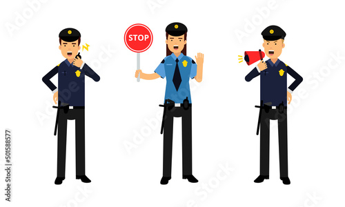Police officer characters set. Policeman at work cartoon vector illustration