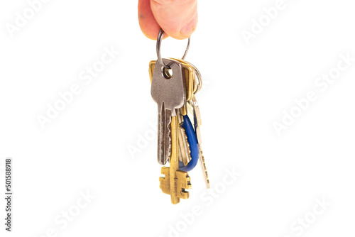 Man hold a Bunch of keys isolated on the white background