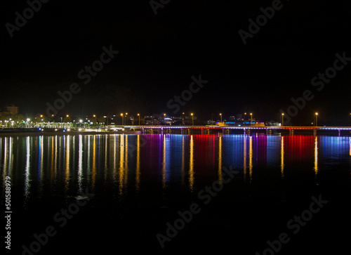 Nght river in Antalya Konyalti and the bridge at night time
