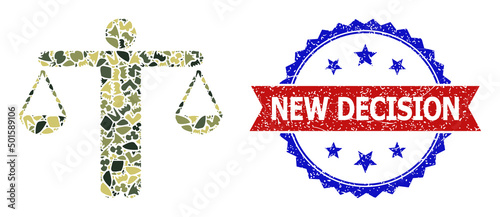 Military camouflage mosaic of judge balance icon, and bicolor grunge New Decision seal stamp. Vector watermark with New Decision tag inside red ribbon and blue rosette, unclean bicolored style.