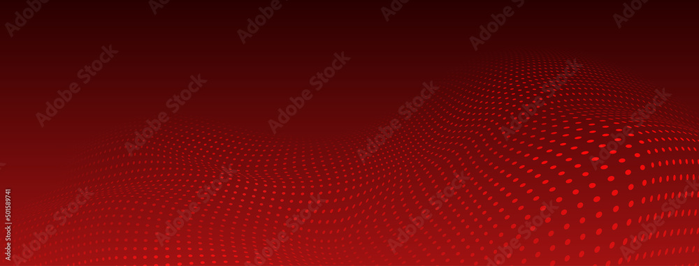 Abstract halftone background with curved surface made of small dots in red colors