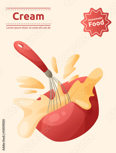 Whisking cream in the bowl vector cartoon banner design. Bakery poster template. Kitchenware, cooking utensil. Cooking process with a whisk card concept.
