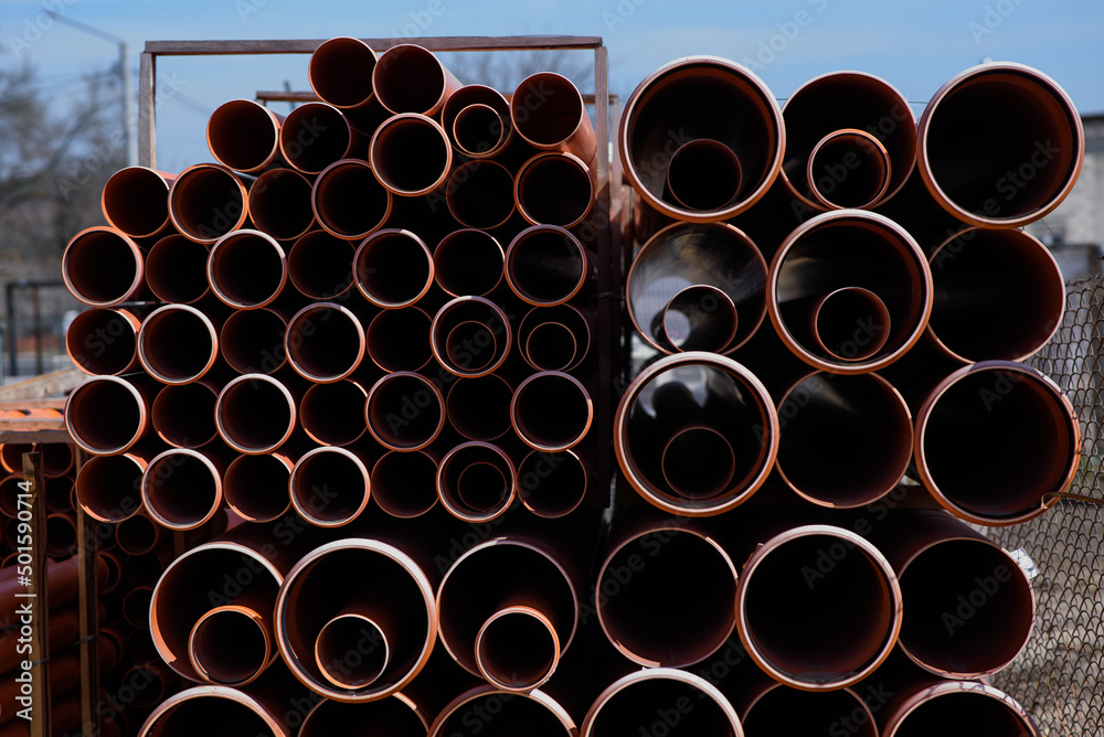 close up sewer pipes prepared for installation. close up sewer pipes prepared for installation.