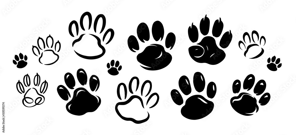 Fototapeta premium Pet paw black prints. Animals symbol. Vector icon set