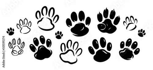 Pet paw black prints. Animals symbol. Vector icon set