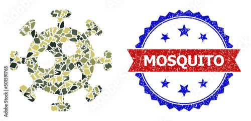 Military camouflage mosaic of virus icon, and bicolor rubber Mosquito seal. Vector seal with Mosquito tag inside red ribbon and blue rosette, retro bicolored style.