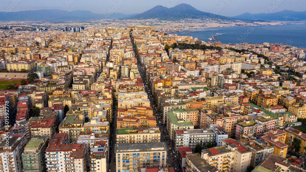 Panoramic view of the city of Naples from Vomero district. In the background the Vesuvius volcano and the gulf.