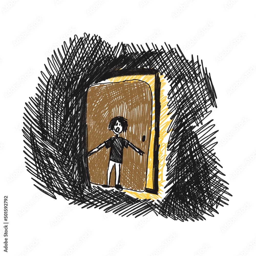 Child S Drawing Of A Boy Near A Door In The Dark Drawing Of A Traumatized Child Stock Illustration Adobe Stock