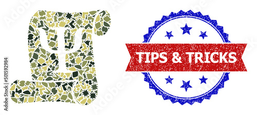 Military camouflage combination of Neuro-linguistic programming icon, and bicolor unclean Tips & Tricks seal. Vector seal with Tips & Tricks title inside red ribbon and blue rosette,