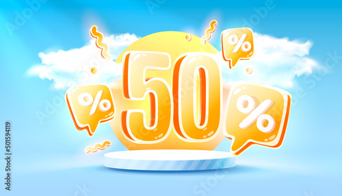 Mega sale special offer, Summer 50 off sale banner. Sign board promotion. Vector