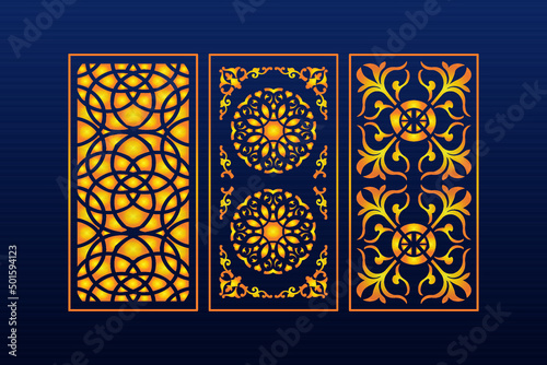 Islamic Decorative Laser Cut Panels Template with Abstract Geometric Texture And Gold Floral Laser