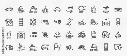 set of 40 transportation icons in outline style. thin line icons such as suv, pt boat, tram, car frontal view, ship helm, rowing, patrol car, oxcart, train front, cruiser, catamaran, metro editable